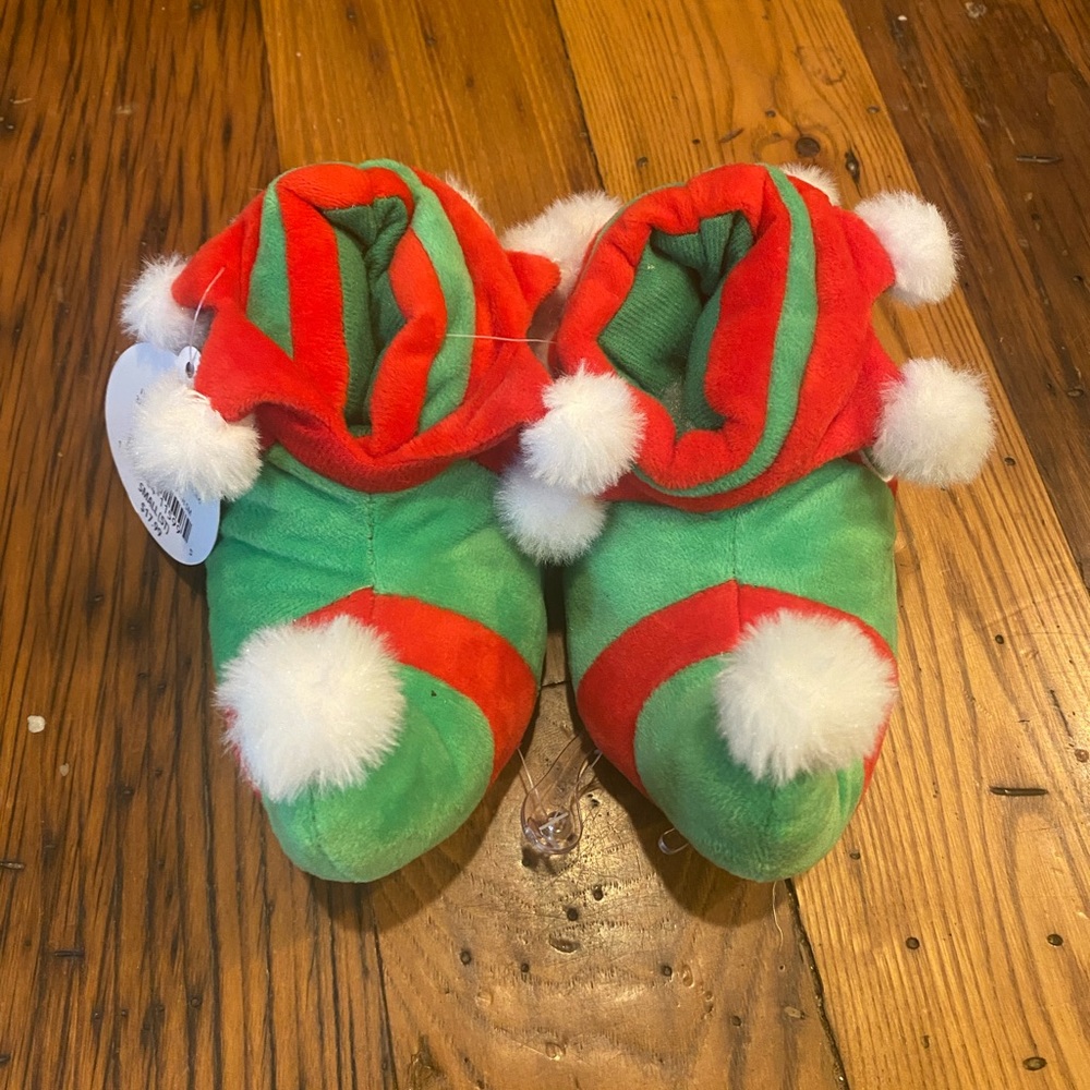 Kids' Green and Red Elf Slippers with Pom-Poms